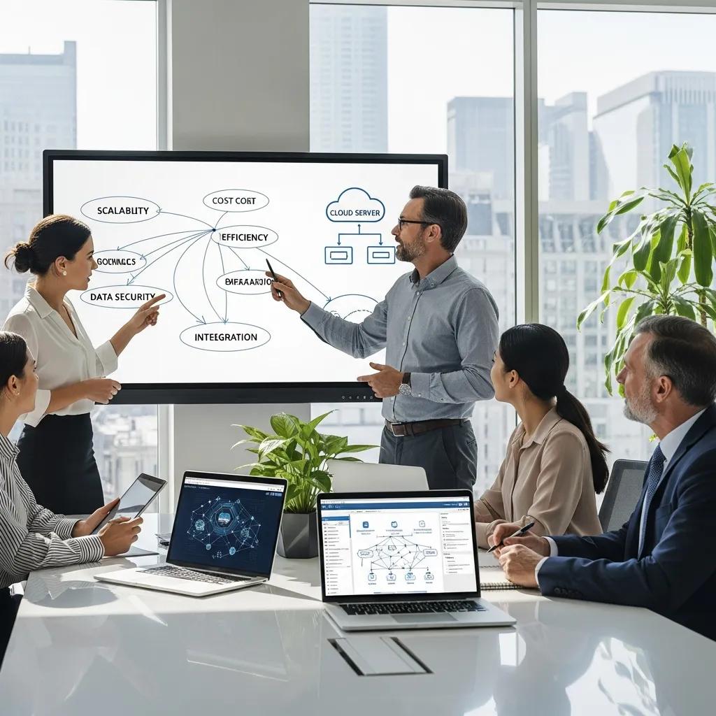 Business professionals collaborating on IT cost reduction strategies in a modern office setting